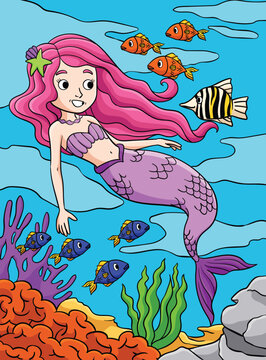 Mermaid and a Fish Colored Cartoon Illustration