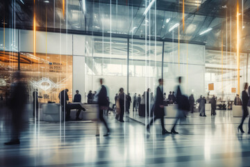 Crowd of business people walking in modern glassy hall interior - obrazy, fototapety, plakaty
