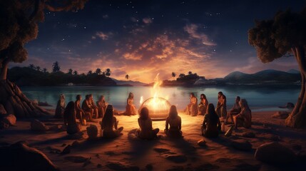 A group of friends in bohemian attire, having a drum circle around a bonfire on a sandy beach, with the moon illuminating the night. - obrazy, fototapety, plakaty