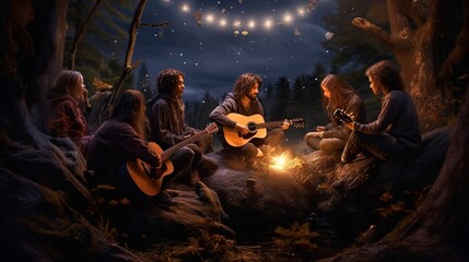 A group of friends in bohemian attire, sitting around a campfire, playing acoustic guitars and singing under the starlit sky. - obrazy, fototapety, plakaty
