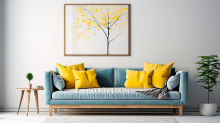 Modern interior - couch with yellow pillows and large picture with stylized autumn tree. AI...