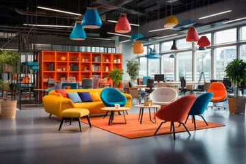 Gordijnen Modern interior of open space office with colorful furniture and light lamps © Jaroslav Machacek