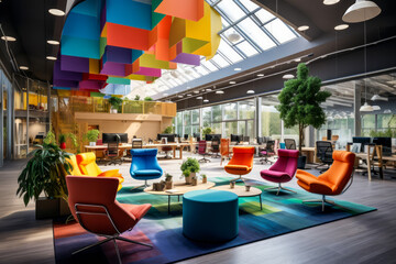 Modern open space office with colorful armchairs and designer accessories - Powered by Adobe