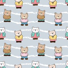 Seamless Pattern of Cute Cartoon Bear Design on Grey Background with White Wavy Lines