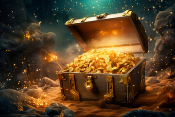Sea floor with lying open chained wooden chest with gold coins