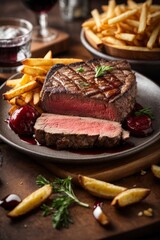 Close-up of a mouthwatering delicious hot sliced steak with French fries in a white plate on the table. Restaurant, gourmet food concepts.