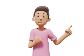 3D man character illustration pointing with pink shirt and transparent background