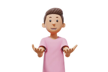 3D man character illustration showing something at his hand with pink shirt and transparent background