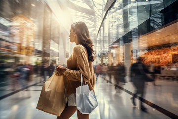 Young woman with shopping bags in a shopping passage