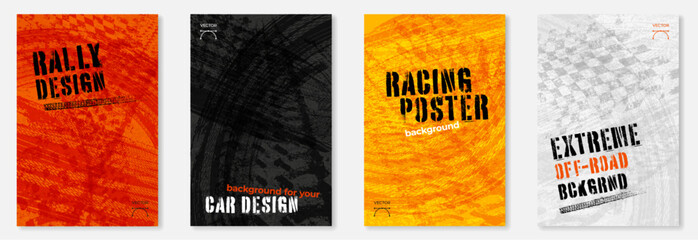 Set of four grungy backgrounds with abstract tire tracks and chess flags - obrazy, fototapety, plakaty