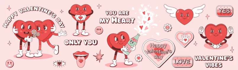 Foto op Canvas Set of vector groovy characters of hearts and phrases for Valentine's Day for your greeting card and poster designs. Trendy retro cartoon style. © Elena