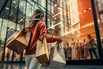Woman with shopping bags in her hands is looking at shop windows with fashionable clothes