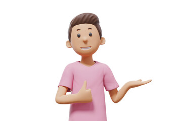 3D man character illustration showing something at his hand with pink shirt and transparent background