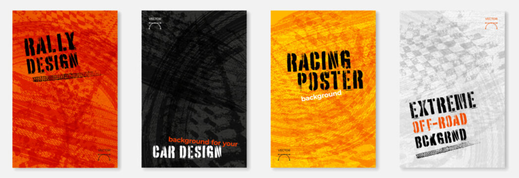 Set of four grungy backgrounds with abstract tire tracks and chess flags