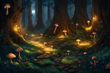 Glowing mushrooms under tree in the jungle