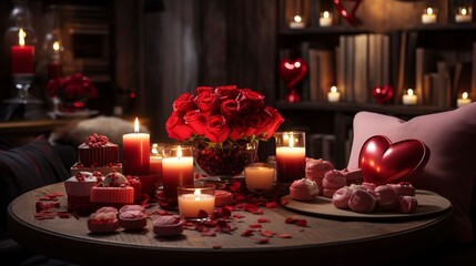Cozy room interior decorated for Valentine day, table with festive serving with candles