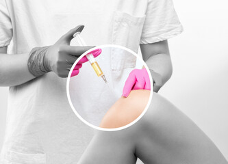 Doctor doing stem cell therapy on a patient's knee after the injury. Treating knee pain with...