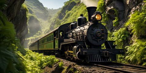 Vintage steam locomotive exiting a tunnel into a lush mountain landscape, evoking travel and adventure from a bygone era - obrazy, fototapety, plakaty
