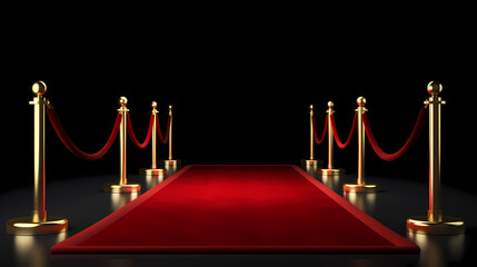 Red carpet and golden barrier isolated on black background