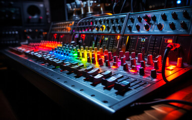 Fototapeta premium Colorful Audio Spectrum Display over Sound Mixer Console in a Dark Recording Studio