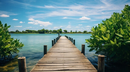 Obraz premium a wooden dock on a calm lake with trees in the background.