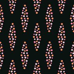 Abstract grape seamless texture. Polka dot shapes pattern ornament. Repeated circles seamless print in black and orange. Contemporary abstract wallpaper or textile design