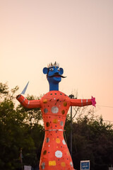 Ravnans being ignited during Dussera festival at ramleela ground in Delhi, India, Big statue of...