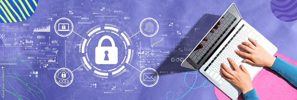 Poster internet network security concept with person using a laptop computer
