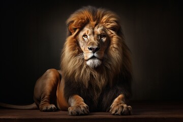 A majestic lion, its fur gleaming in the sunlight, posing confidently in a studio setting, isolated on a bright solid background.