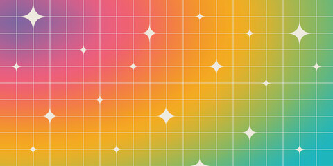 Y2K blurry rainbow gradient background with linear grid and star shapes. Cool banner template in 2000s aesthetic. Trendy minimalist vector design in brutalism style - obrazy, fototapety, plakaty