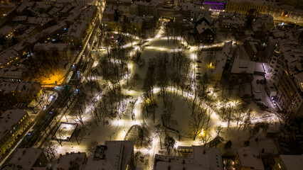 Drone photography of a park in a city during winter night
