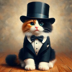 Cute calico cat wearing tuxedo suits and black top hat in oil painting art style on abstract background - obrazy, fototapety, plakaty