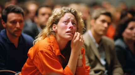 Female prisoner wearing orange jumpsuit crying in the courtroom after hearing the jurys verdict - obrazy, fototapety, plakaty