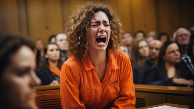 Female prisoner wearing orange jumpsuit crying in the courtroom after hearing the jurys verdict