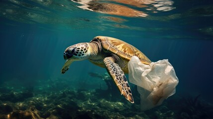 Plastic pollution in ocean problem. Sea Turtle eats plastic bag,A turtle trapped in a plastic bag in the ocean.