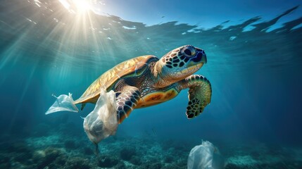 Plastic pollution in ocean problem. Sea Turtle eats plastic bag,A turtle trapped in a plastic bag in the ocean. - obrazy, fototapety, plakaty