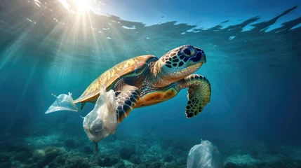 Foto op Plexiglas Plastic pollution in ocean problem. Sea Turtle eats plastic bag,A turtle trapped in a plastic bag in the ocean. © suthiwan