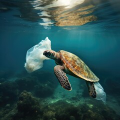 Plastic pollution in ocean problem. Sea Turtle eats plastic bag,A turtle trapped in a plastic bag in the ocean.