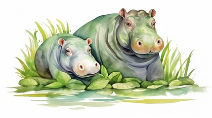 Hand drawn cute isolated tropical summer watercolor hippo animals. baby and mother. AI Generative