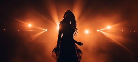 Beautiful female singer silhouette sings on stage in light show, dramatic and captivating performance