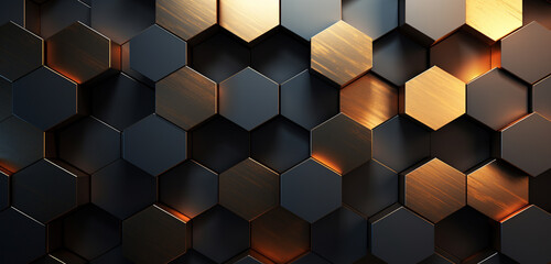 Hexagonal metal structures forming an intricate and modern abstract background, softly illuminated to enhance the metallic textures and captivating geometric shapes.