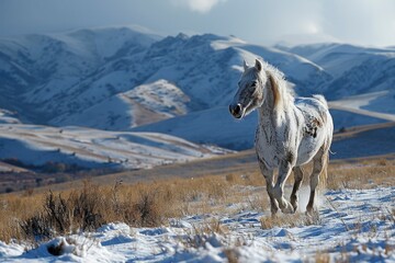 Obraz na płótnie Canvas A majestic white horse gracefully stands in the serene, snow-covered expanses of Mongolia, embodying the beauty of winter's tranquil and vast wilderness. 