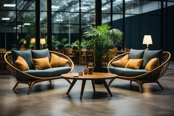 casual conversation area within the office space, creating a relaxed yet minimalistic atmosphere in the commercial photo