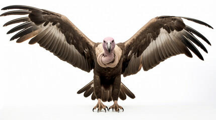 Hooded vulture, Necrosyrtes monachus in front of a white background. AI Generative
