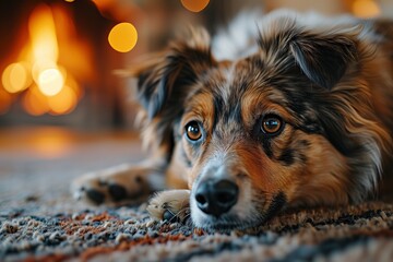 A contented dog peacefully lies on the soft carpet near a warmly crackling fireplace in the cozy living room, creating a tranquil and homey atmosphere. 