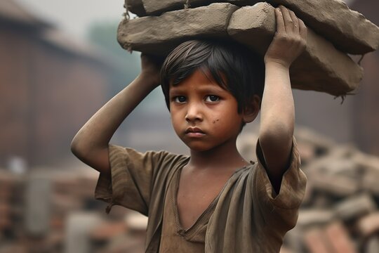 Premium Photo  Child labour poor boy carrying bricks photo