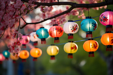 Colorful Chinese Lanterns Hanging in a Park, Celebrating the Spirit of Chinese New Year