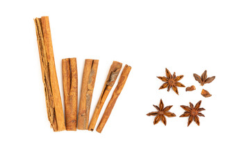 Cinnamon sticks and star anise isolated on a white background