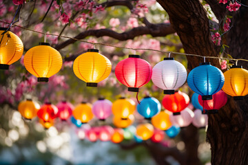 Fototapeta na wymiar Colorful Chinese Lanterns Hanging in a Park, Celebrating the Spirit of Chinese New Year