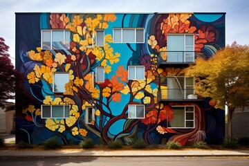An abstract mural on the exterior of a building, its vivid colors and intricate patterns...